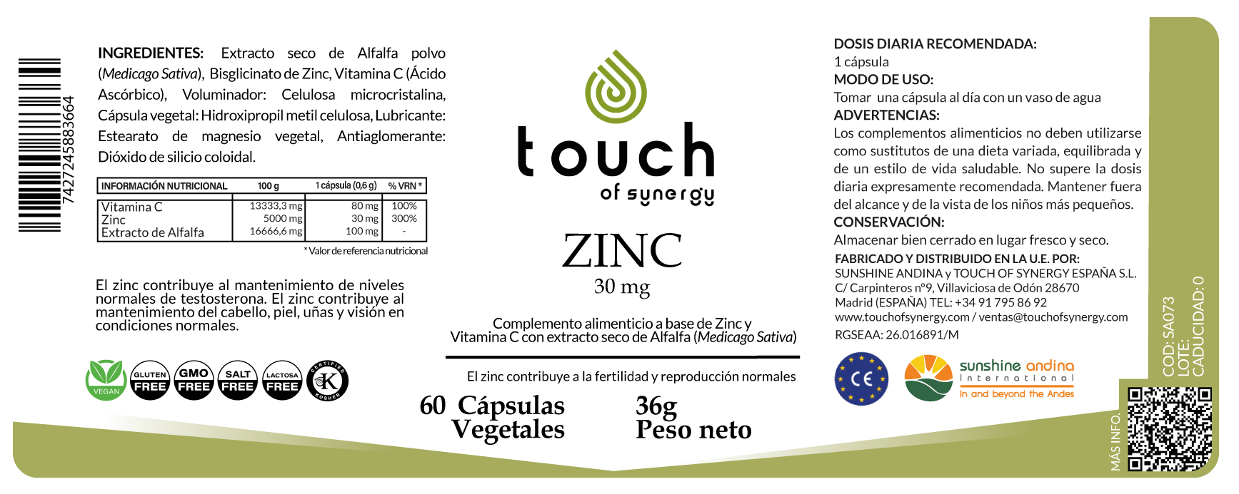 Zinc 30 mg - 60 cápsulas vegetales